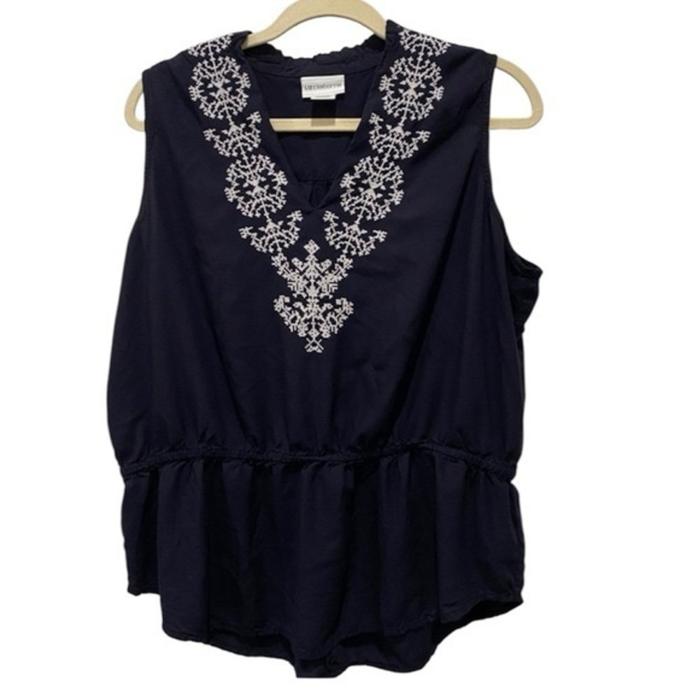 Navy + White Embroidered Top
